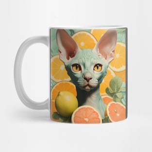 Retro Kitsch Sphynx Cat and Citrus Fruit Collage Mug